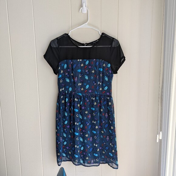 Jewel & Insect/Beetle patterned, short sleeved, mini dress with mesh panel - S - Picture 1 of 8